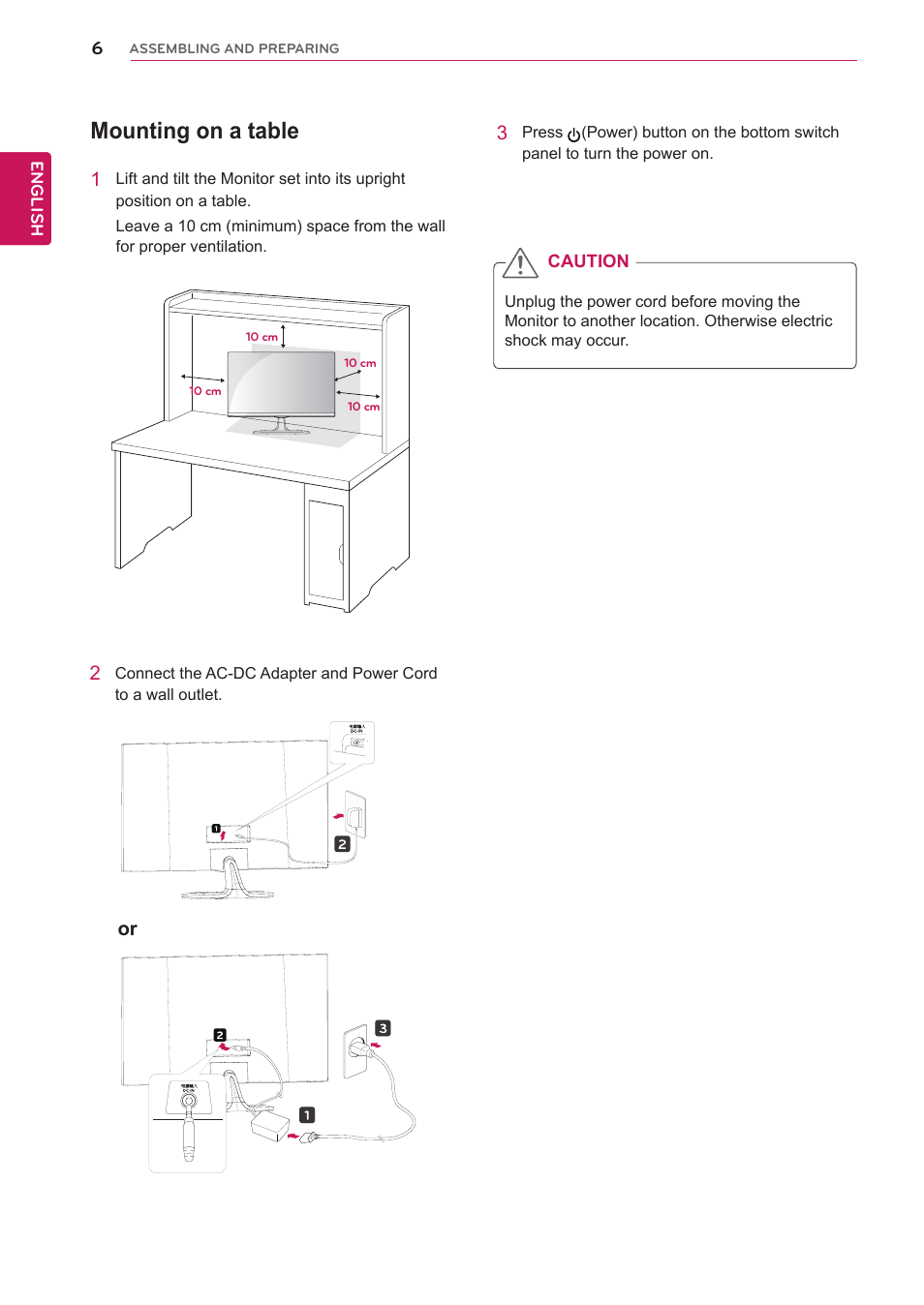 Mounting on a table | LG 27EA73LM-P User Manual | Page 6 / 28