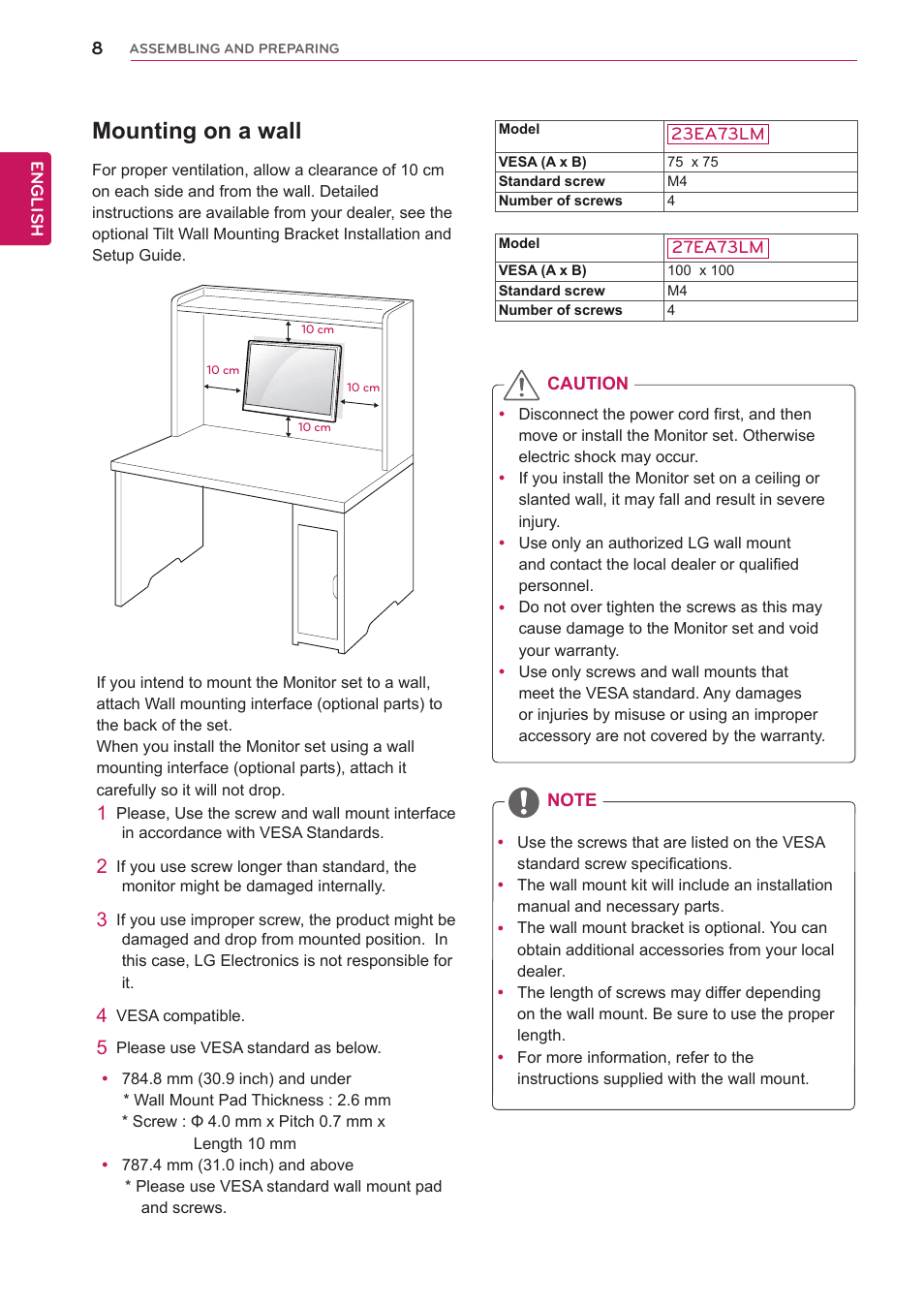 Mounting on a wall | LG 27EA73LM-P User Manual | Page 8 / 28