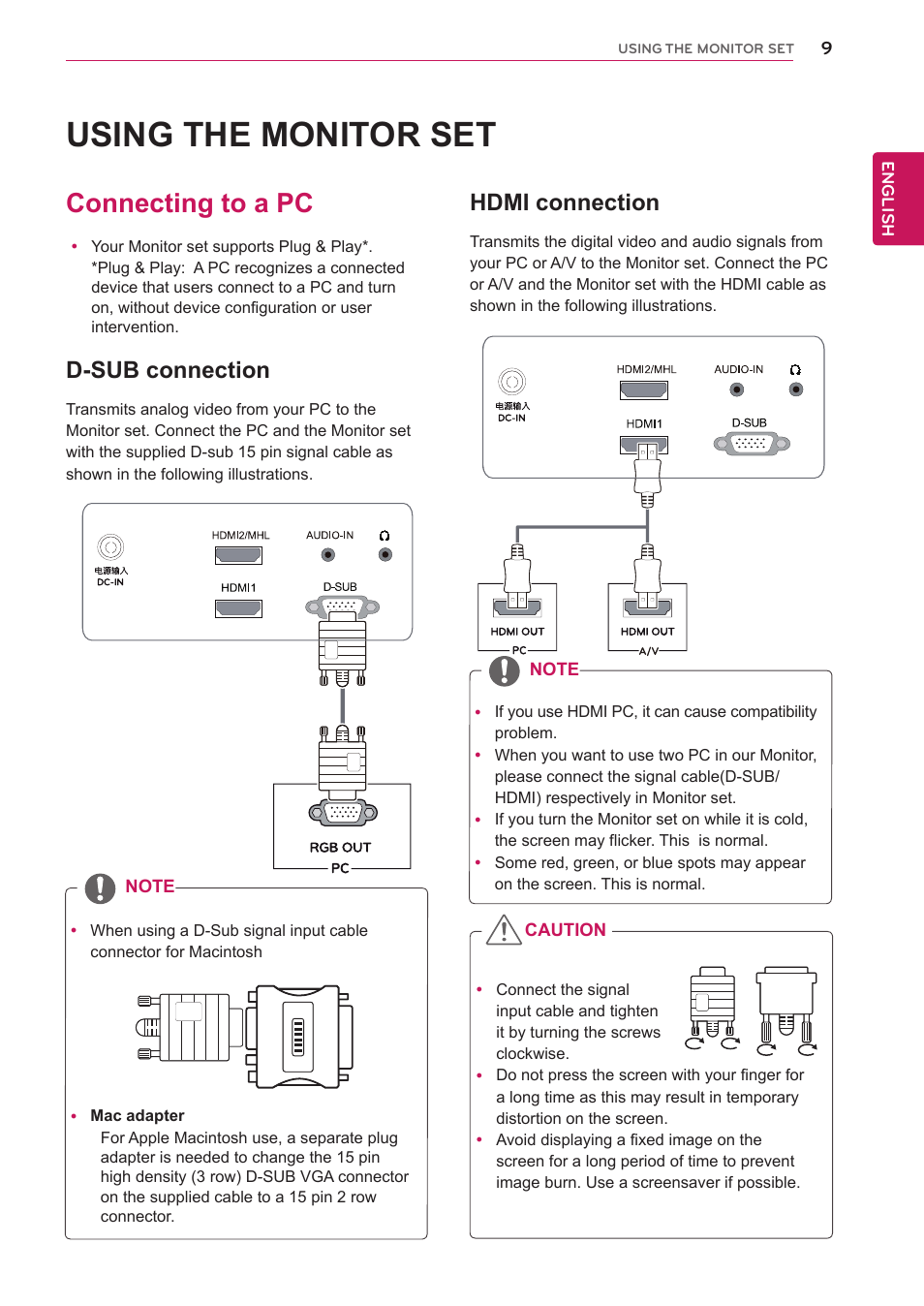 Using the monitor set, Connecting to a pc, D-sub connection | Hdmi connection | LG 27EA73LM-P User Manual | Page 9 / 28