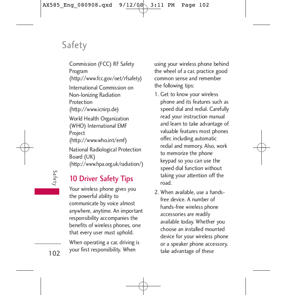 Safety, 10 driver safety tips | LG LGAX585 User Manual | Page 102 / 119