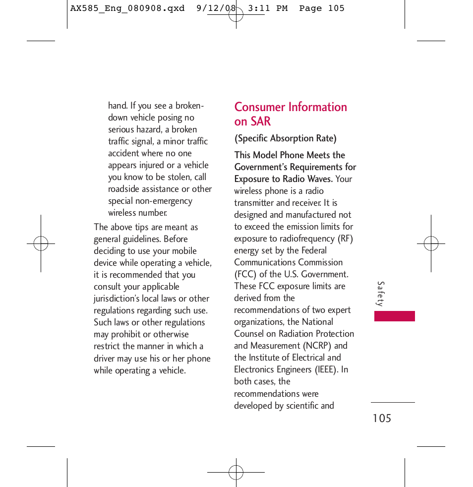 Consumer information on sar | LG LGAX585 User Manual | Page 105 / 119