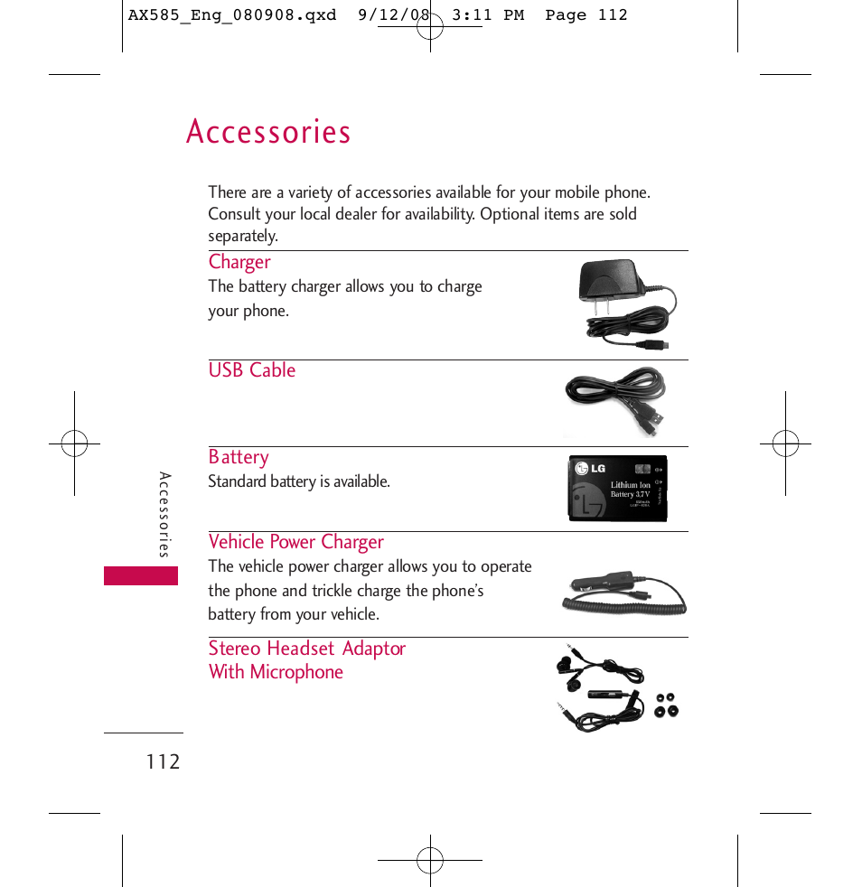 Accessories | LG LGAX585 User Manual | Page 112 / 119