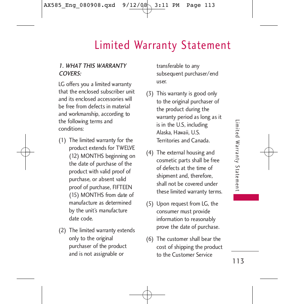 Limited warranty statement | LG LGAX585 User Manual | Page 113 / 119