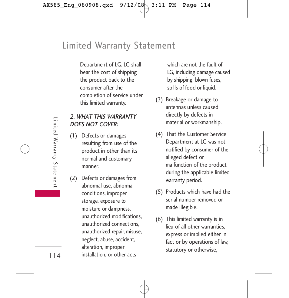 Limited warranty statement | LG LGAX585 User Manual | Page 114 / 119