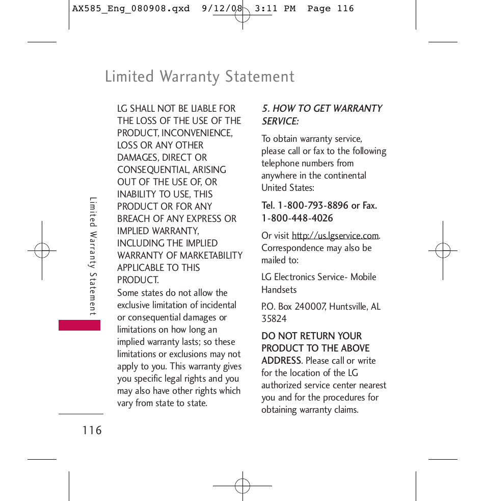 Limited warranty statement | LG LGAX585 User Manual | Page 116 / 119