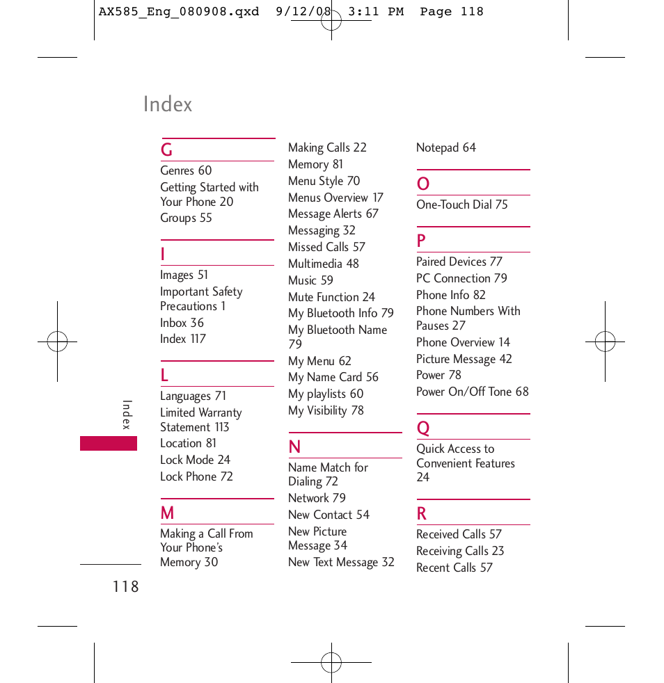 Index | LG LGAX585 User Manual | Page 118 / 119