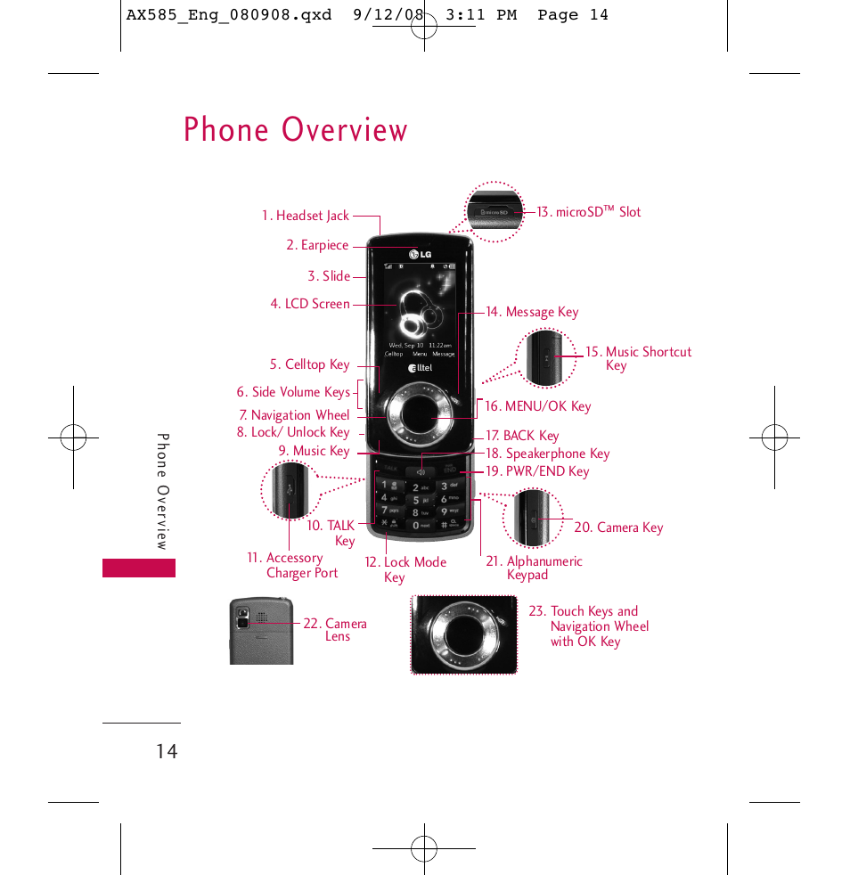 Phone overview | LG LGAX585 User Manual | Page 14 / 119