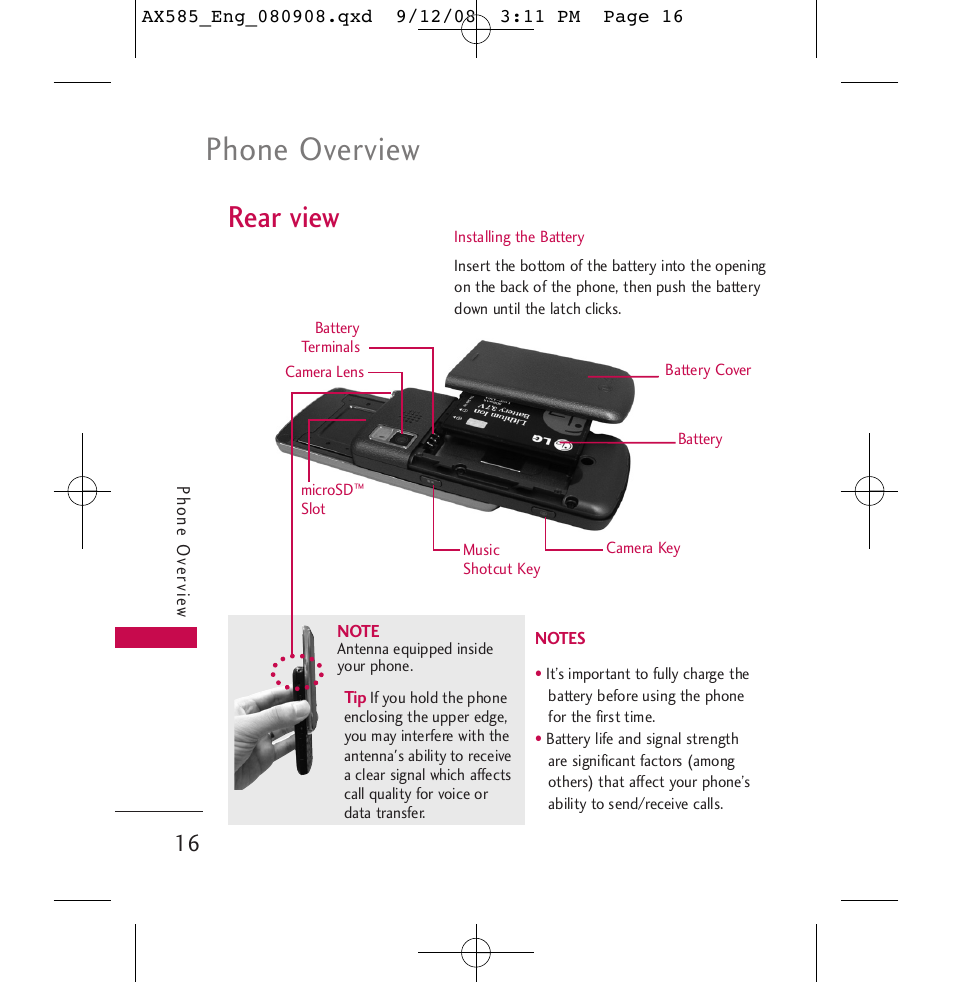 Phone overview, Rear view | LG LGAX585 User Manual | Page 16 / 119