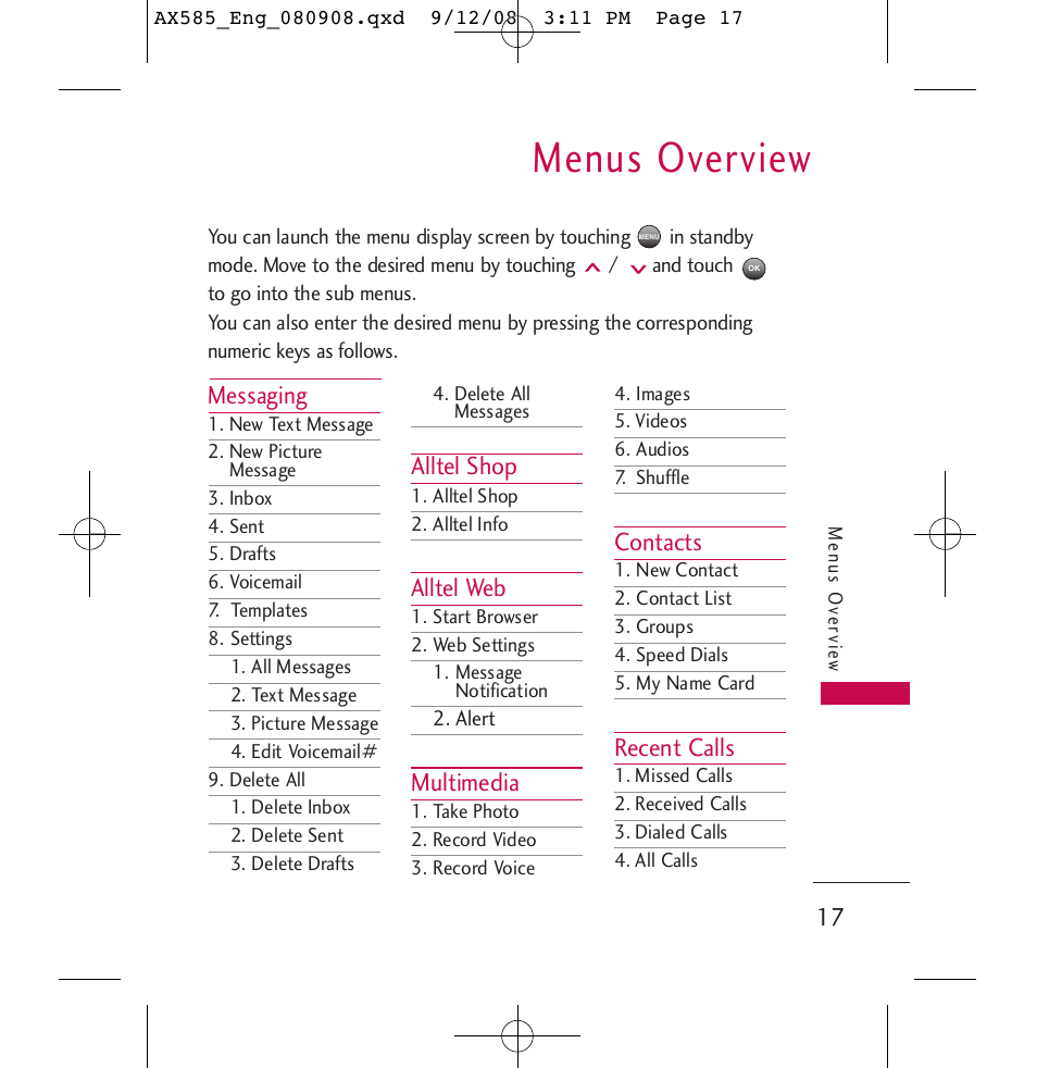 Menus overview, Messaging, Alltel shop | Alltel web, Multimedia, Contacts, Recent calls | LG LGAX585 User Manual | Page 17 / 119