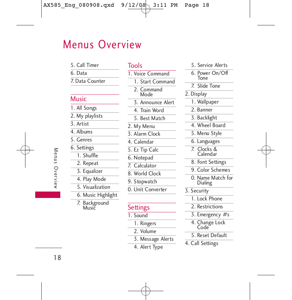 Menus overview, Music, Tools | Settings | LG LGAX585 User Manual | Page 18 / 119
