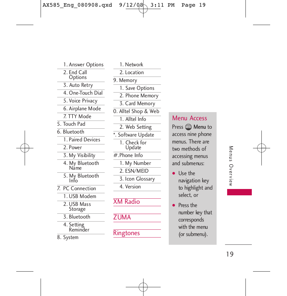 Xm radio zuma ringtones menu access | LG LGAX585 User Manual | Page 19 / 119