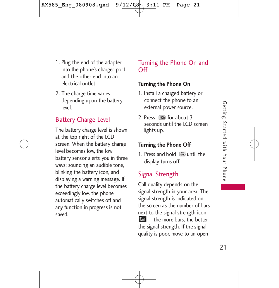 Battery charge level, Turning the phone on and off, Signal strength | LG LGAX585 User Manual | Page 21 / 119