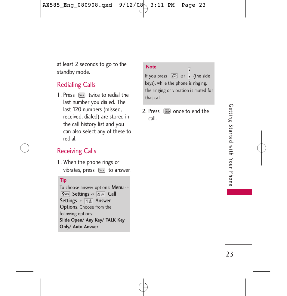 Redialing calls, Receiving calls | LG LGAX585 User Manual | Page 23 / 119