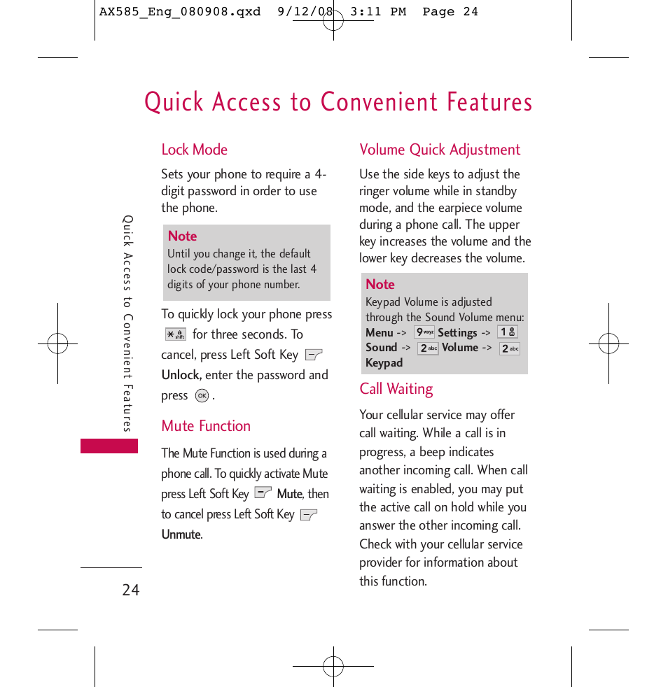 Quick access to convenient features, Lock mode, Mute function | Volume quick adjustment, Call waiting | LG LGAX585 User Manual | Page 24 / 119