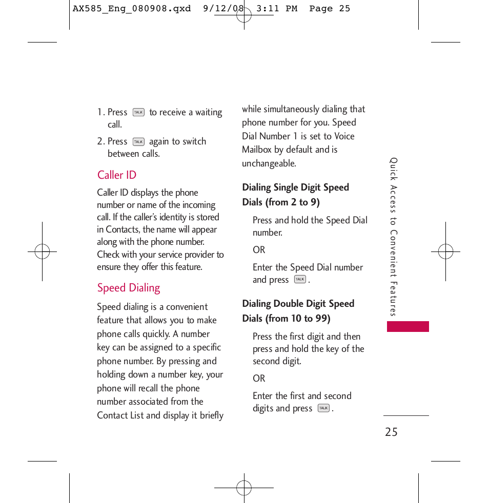 Caller id, Speed dialing | LG LGAX585 User Manual | Page 25 / 119