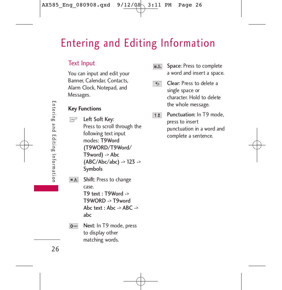 Entering and editing information | LG LGAX585 User Manual | Page 26 / 119