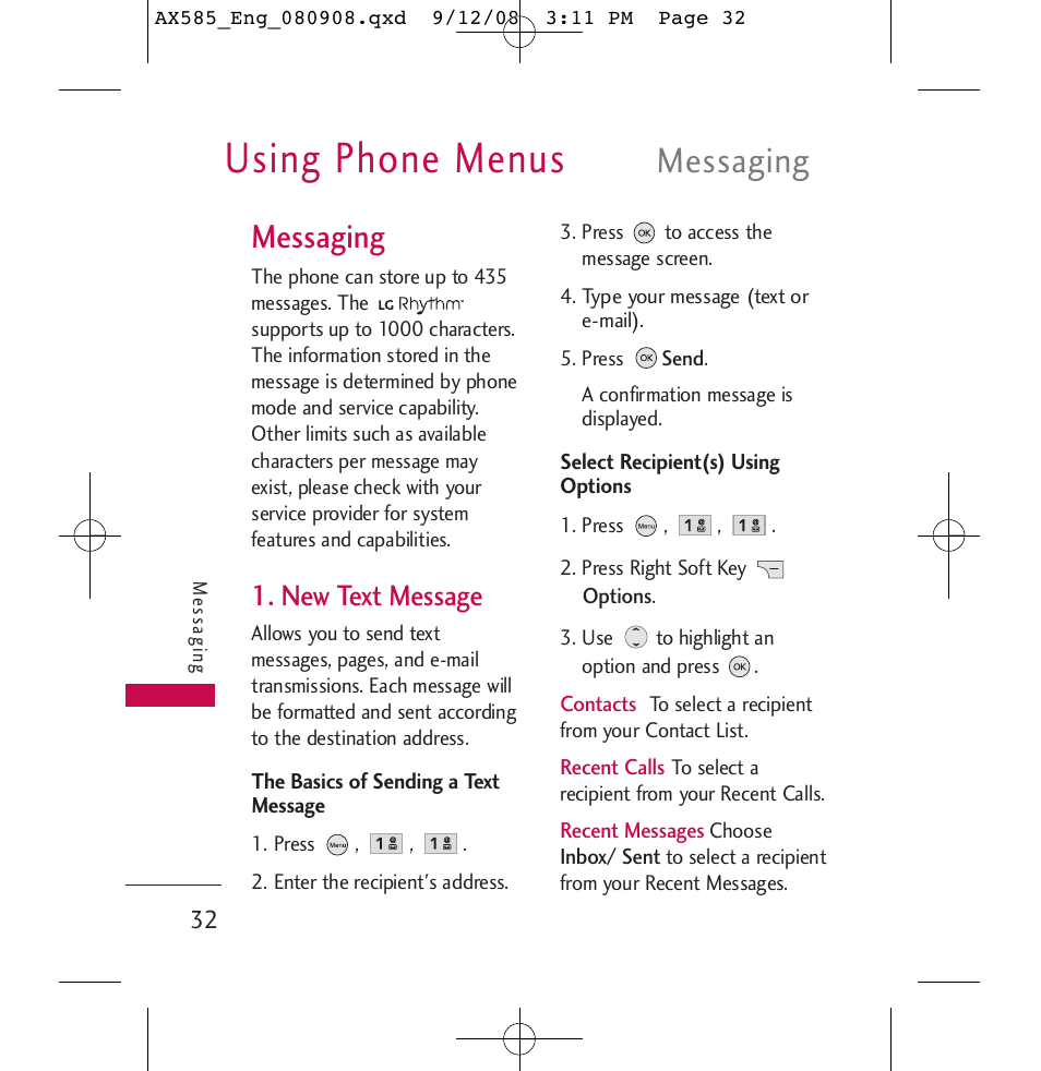 Using phone menus, Messaging, New text message | LG LGAX585 User Manual | Page 32 / 119