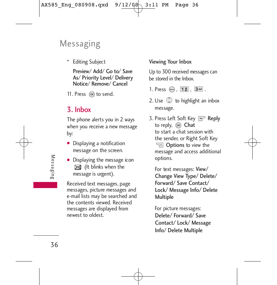 Messaging, Inbox | LG LGAX585 User Manual | Page 36 / 119