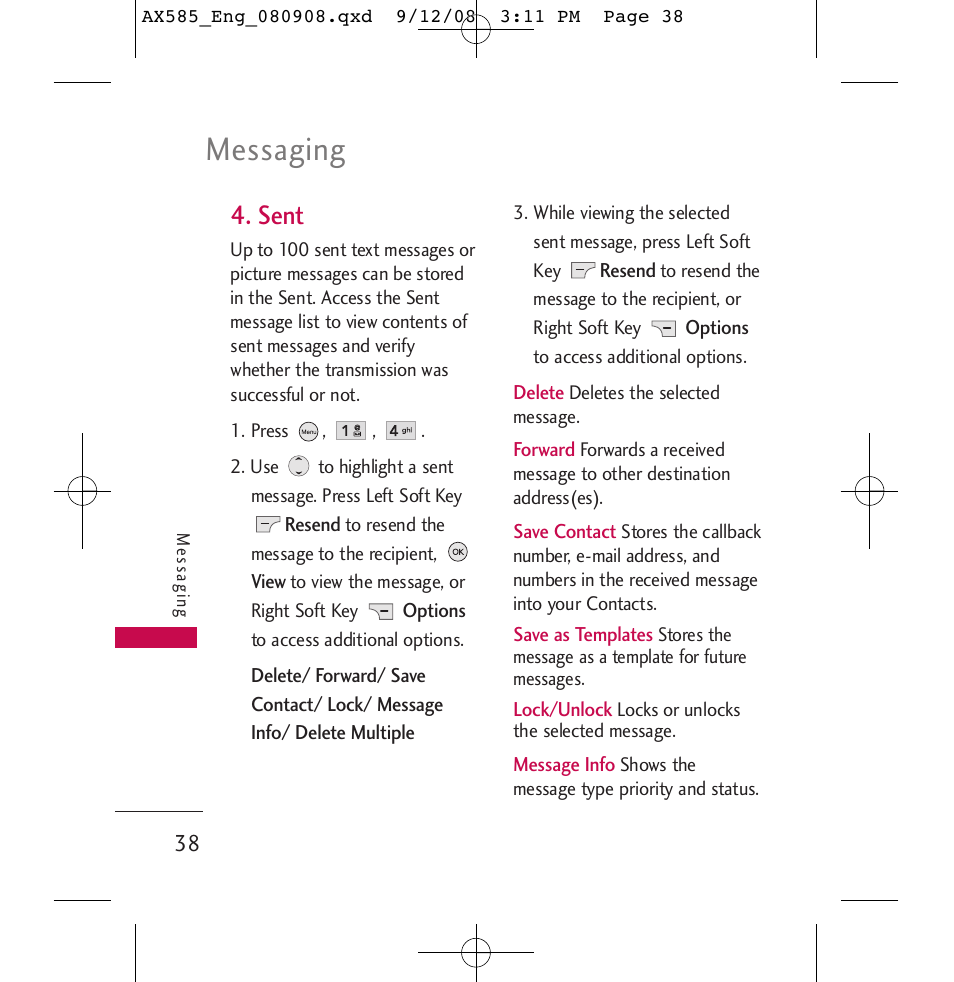 Messaging, Sent | LG LGAX585 User Manual | Page 38 / 119