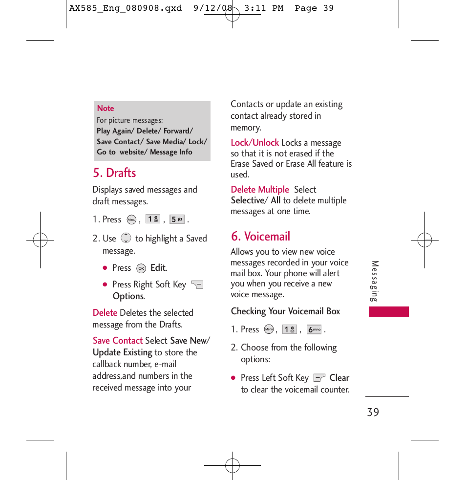 Drafts, Voicemail | LG LGAX585 User Manual | Page 39 / 119