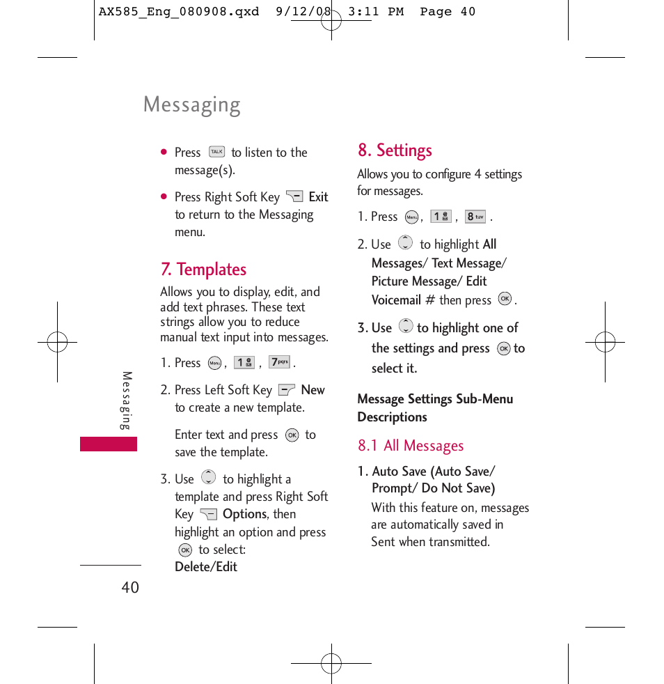 Messaging, Templates, Settings | 1 all messages | LG LGAX585 User Manual | Page 40 / 119