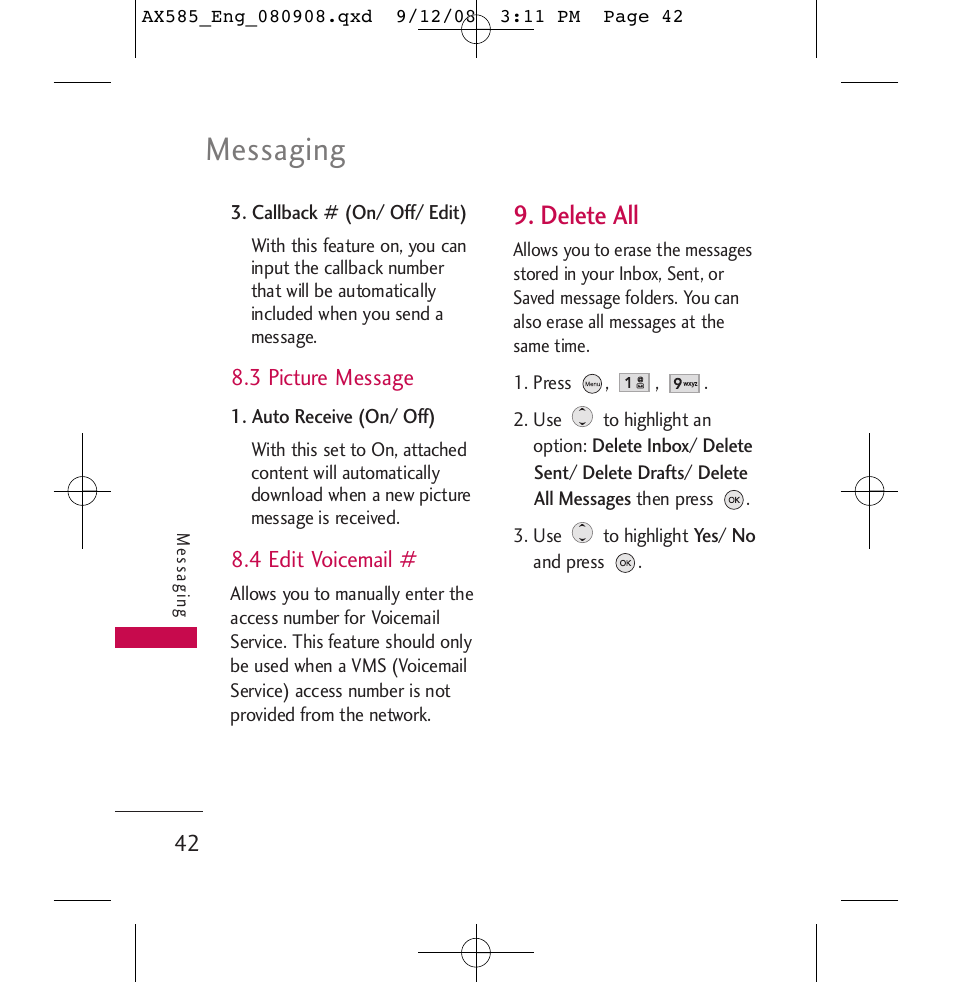 Messaging, Delete all | LG LGAX585 User Manual | Page 42 / 119