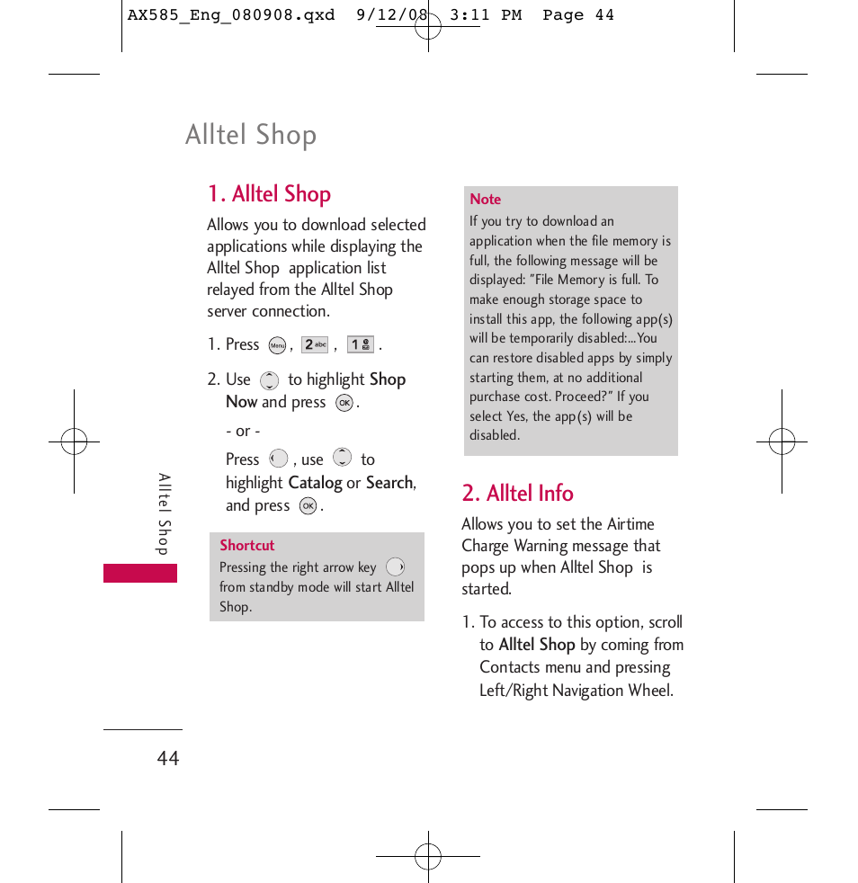 Alltel shop, Alltel info | LG LGAX585 User Manual | Page 44 / 119