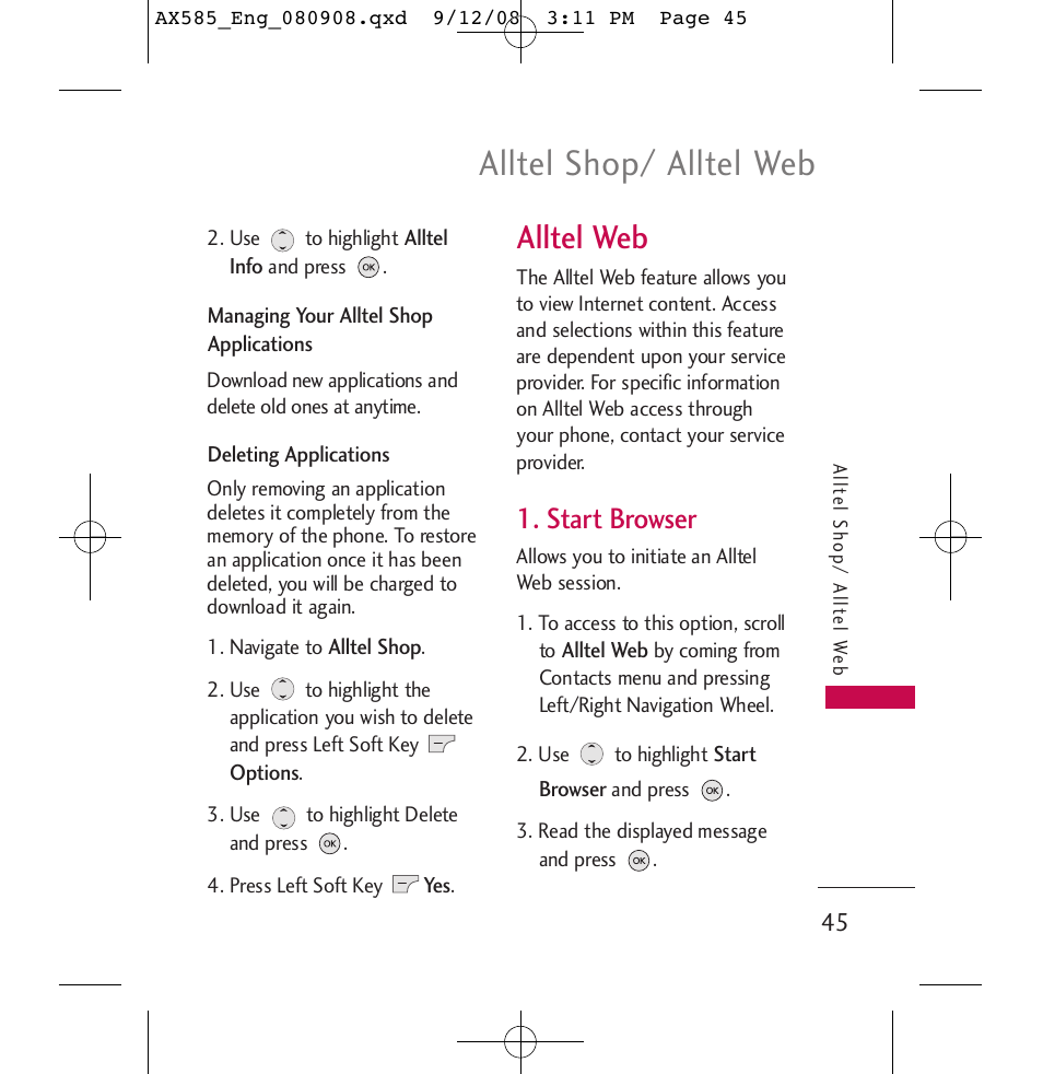 Alltel shop/ alltel web, Alltel web, Start browser | LG LGAX585 User Manual | Page 45 / 119