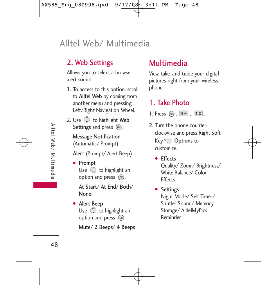 Alltel web/ multimedia, Multimedia, Web settings | Take photo | LG LGAX585 User Manual | Page 48 / 119