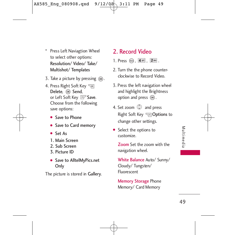 Record video | LG LGAX585 User Manual | Page 49 / 119