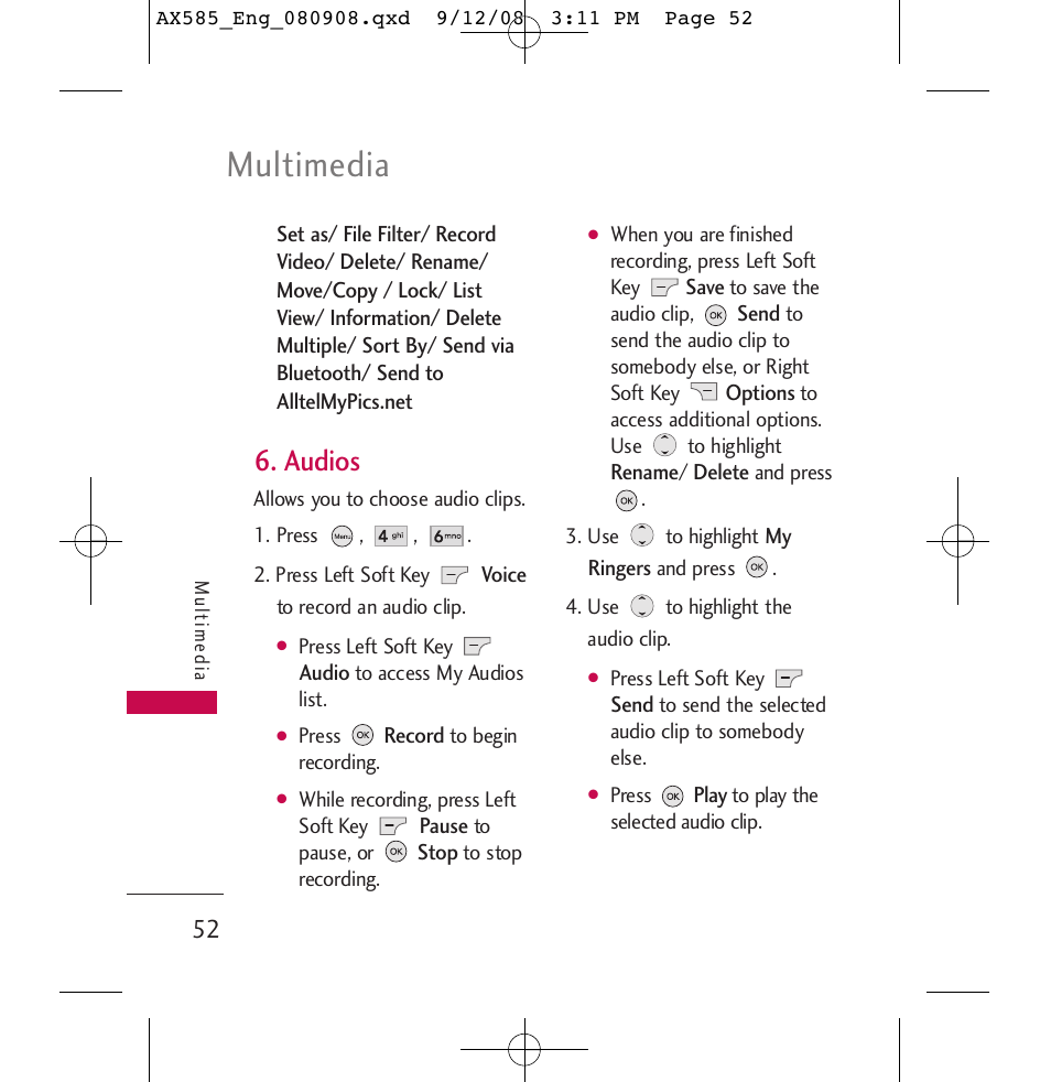 Multimedia, Audios | LG LGAX585 User Manual | Page 52 / 119