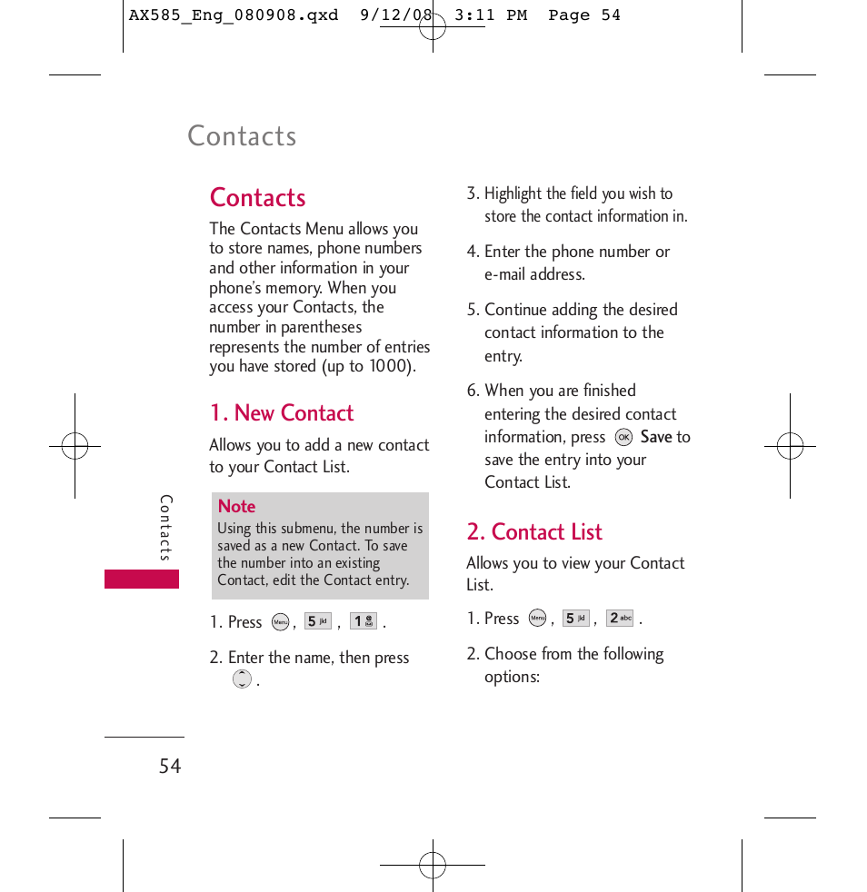 Contacts, New contact, Contact list | LG LGAX585 User Manual | Page 54 / 119