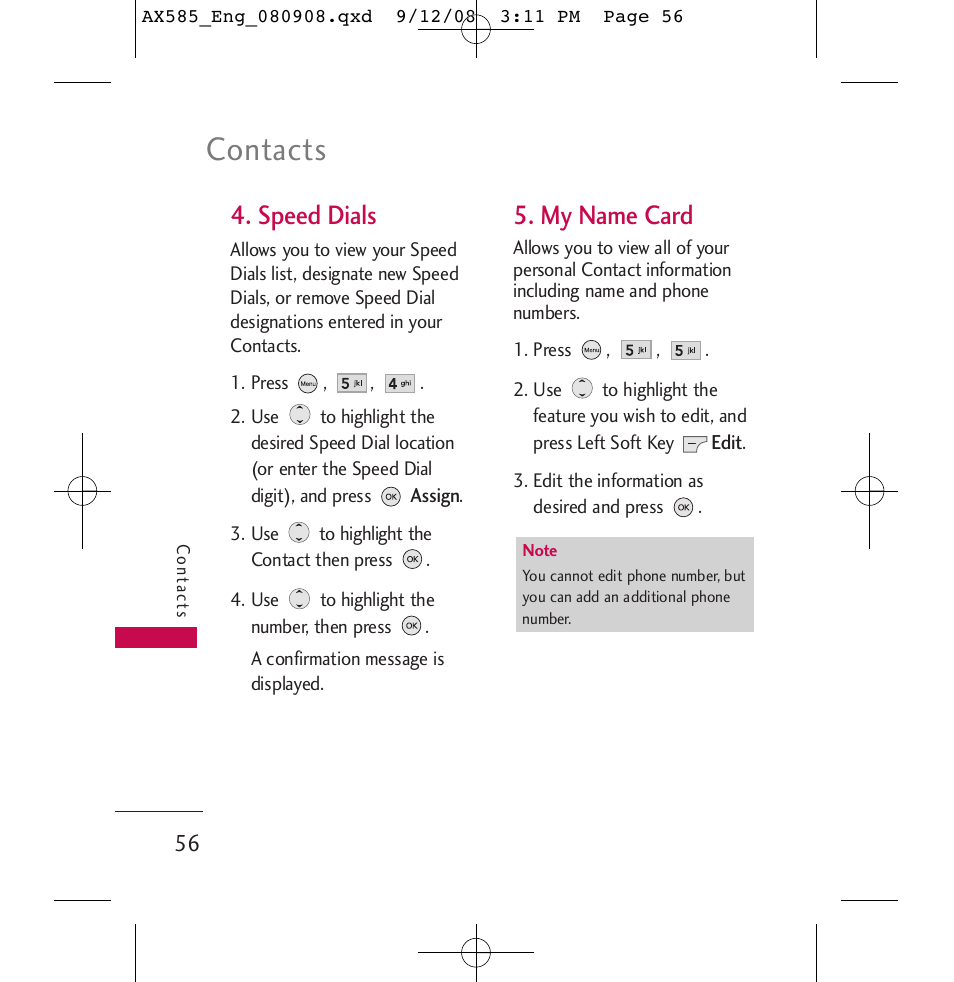 Contacts, Speed dials, My name card | LG LGAX585 User Manual | Page 56 / 119