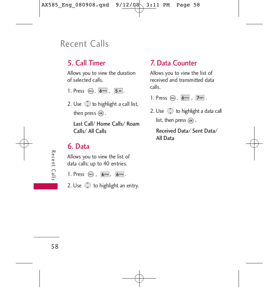 Recent calls, Call timer, Data | Data counter | LG LGAX585 User Manual | Page 58 / 119