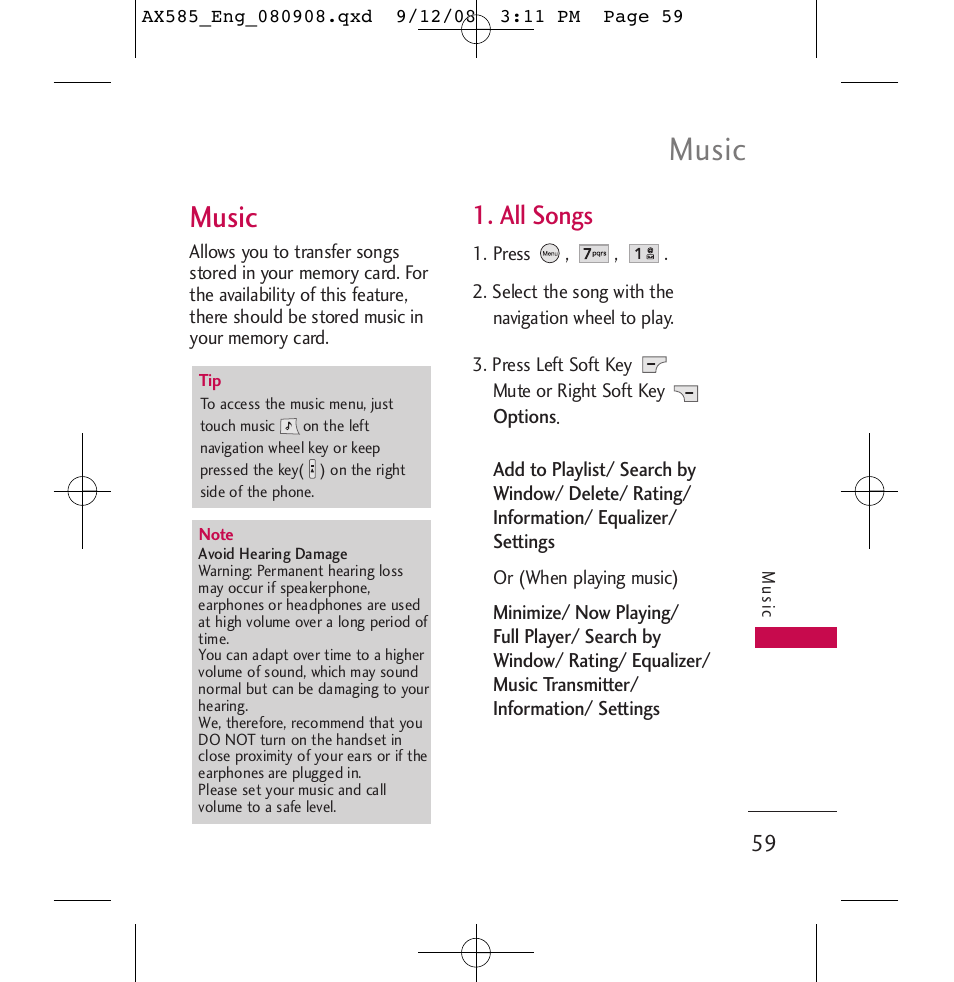 Music, All songs | LG LGAX585 User Manual | Page 59 / 119