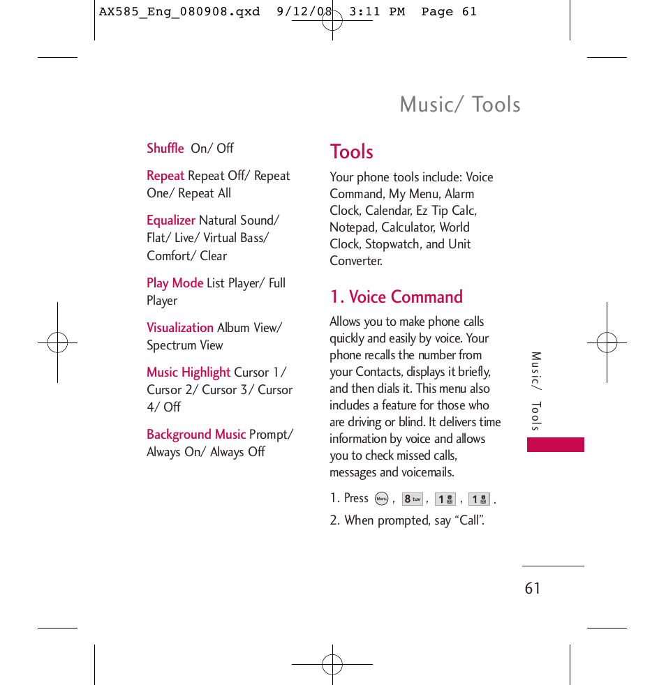 Music/ tools, Tools, Voice command | LG LGAX585 User Manual | Page 61 / 119