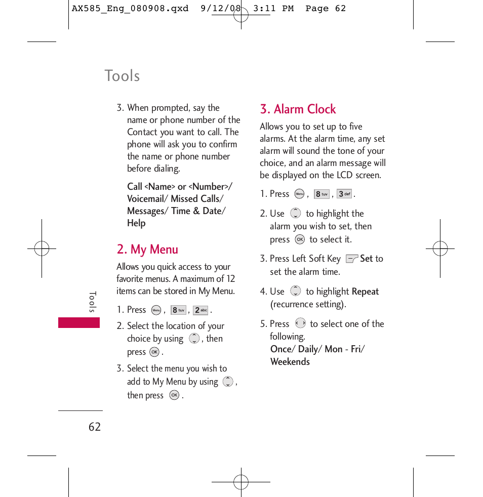 Tools, My menu, Alarm clock | LG LGAX585 User Manual | Page 62 / 119