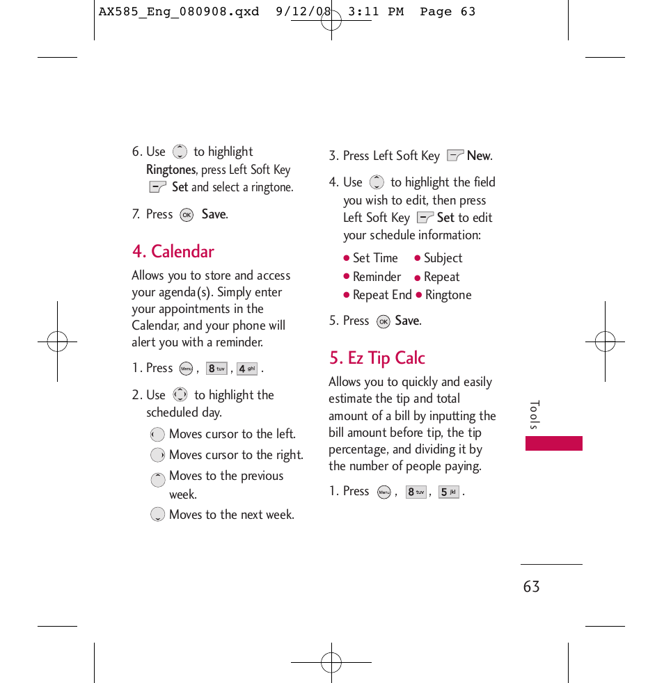 Calendar, Ez tip calc | LG LGAX585 User Manual | Page 63 / 119