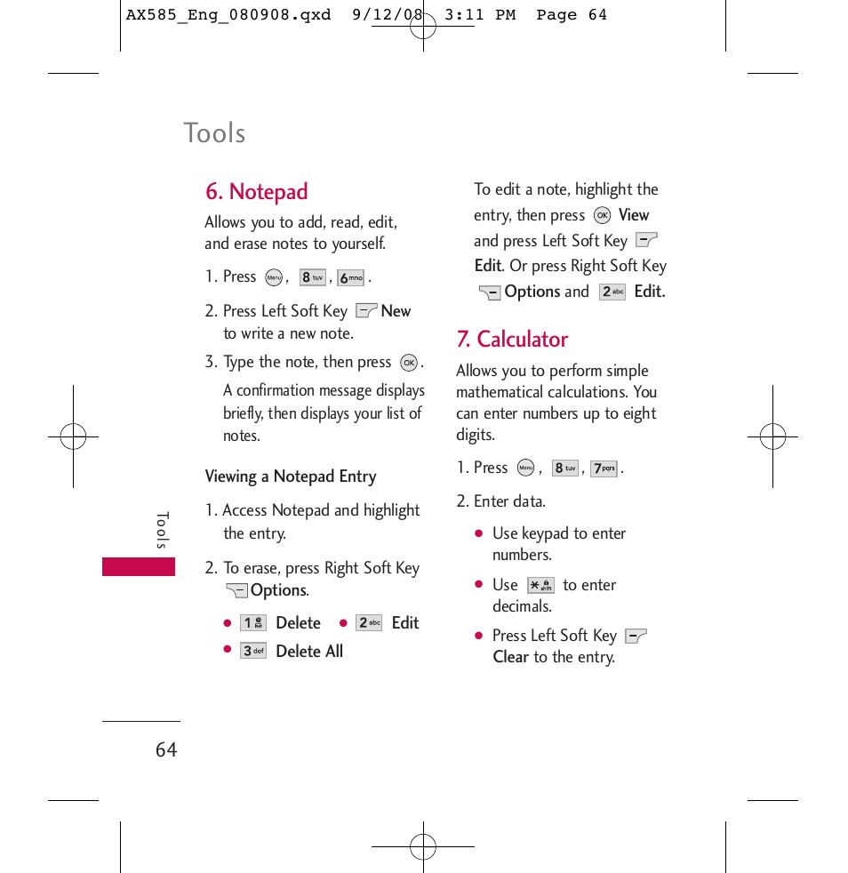 Tools, Calculator | LG LGAX585 User Manual | Page 64 / 119