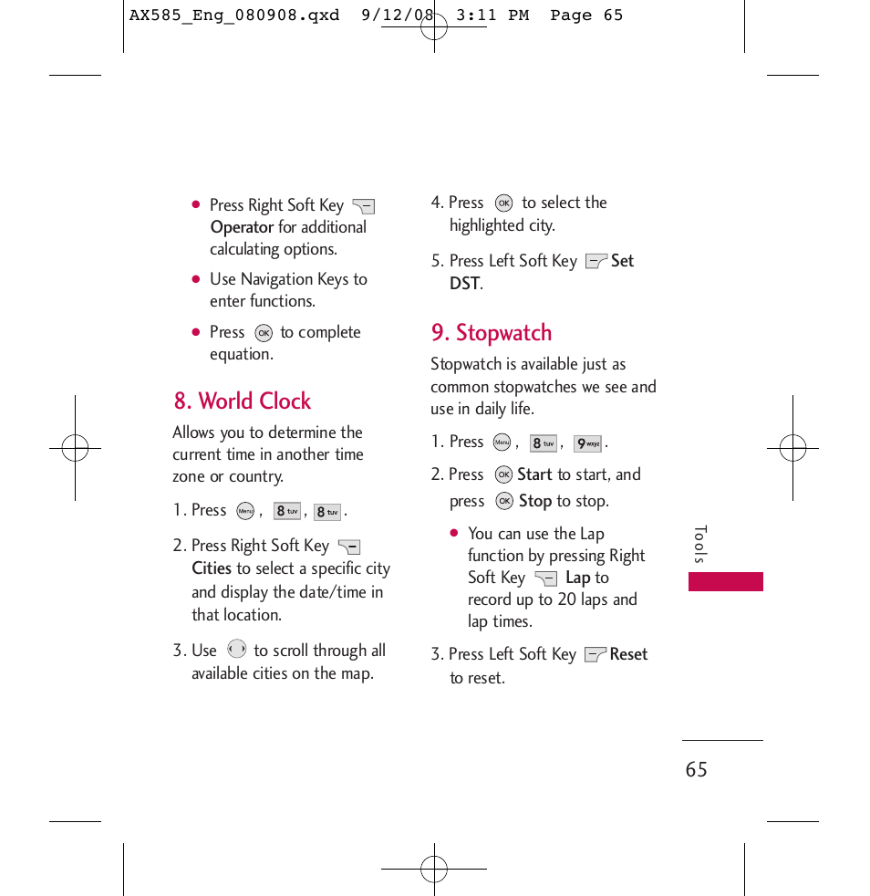 World clock, Stopwatch | LG LGAX585 User Manual | Page 65 / 119