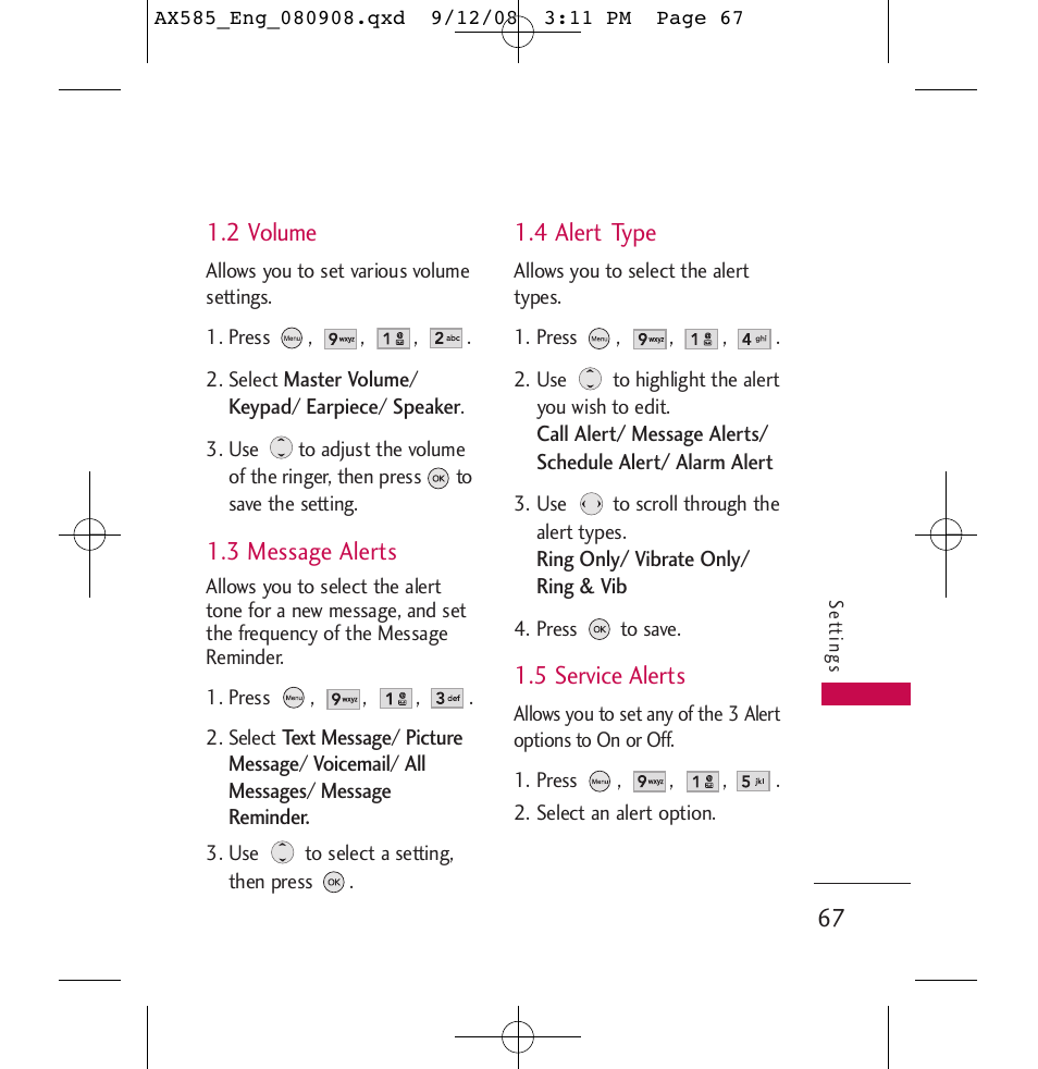 2 volume, 3 message alerts, 4 alert type | 5 service alerts | LG LGAX585 User Manual | Page 67 / 119