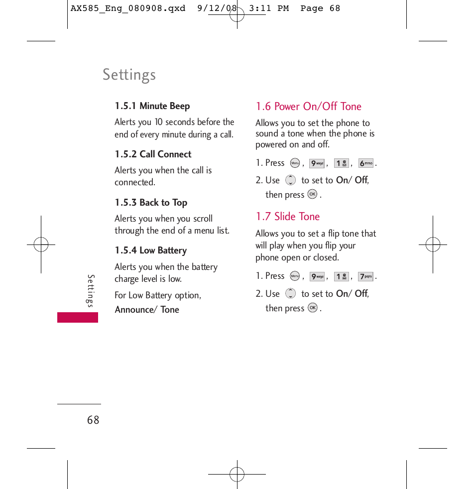 Settings | LG LGAX585 User Manual | Page 68 / 119