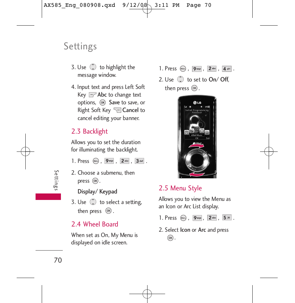 Settings | LG LGAX585 User Manual | Page 70 / 119