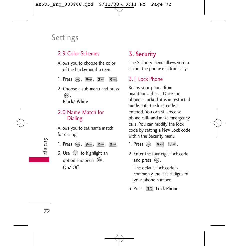 Settings, Security | LG LGAX585 User Manual | Page 72 / 119