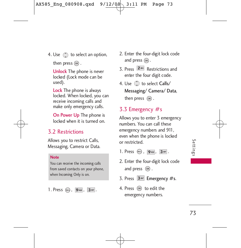 2 restrictions, 3 emergency #s | LG LGAX585 User Manual | Page 73 / 119