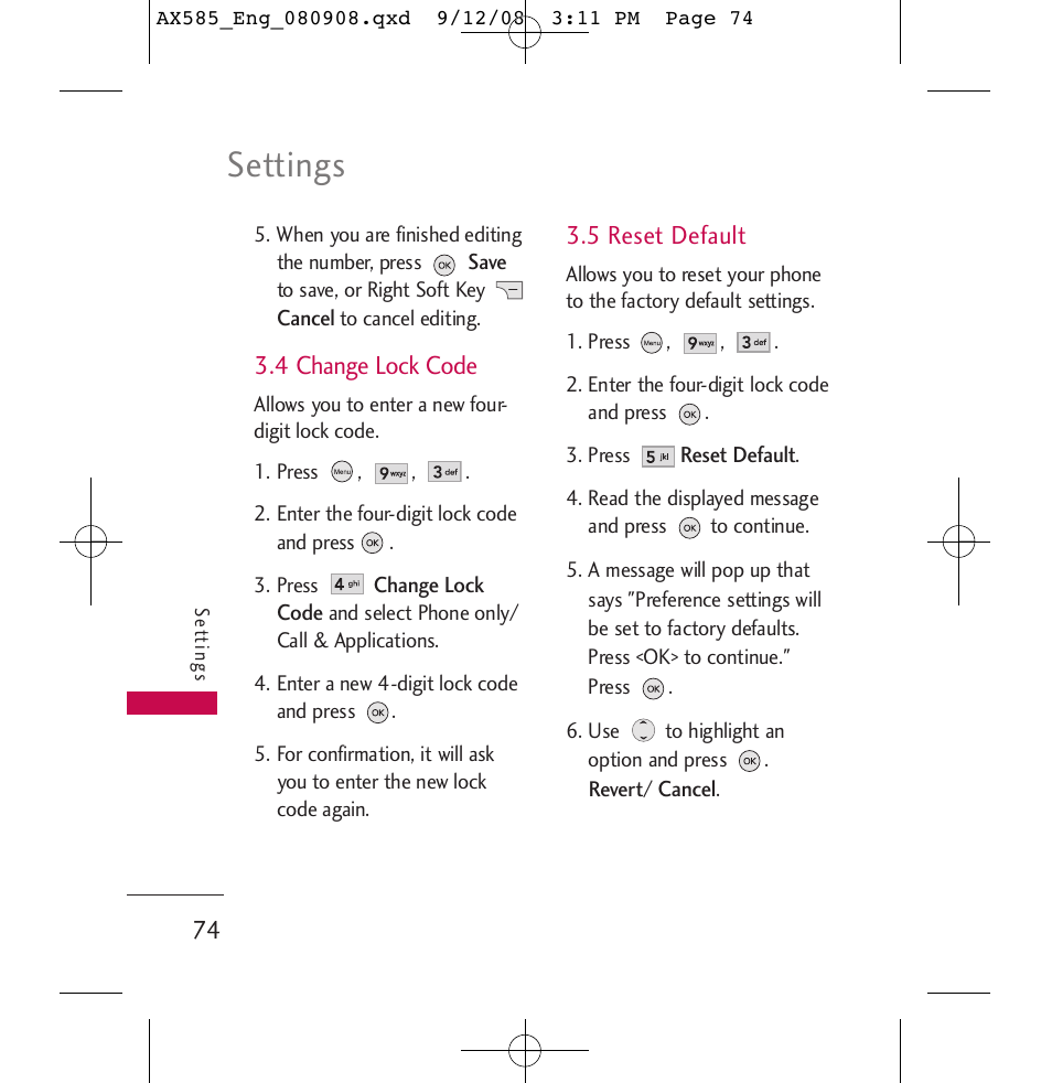 Settings, 4 change lock code, 5 reset default | LG LGAX585 User Manual | Page 74 / 119