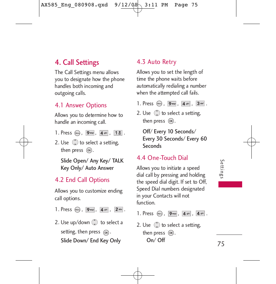 Call settings | LG LGAX585 User Manual | Page 75 / 119