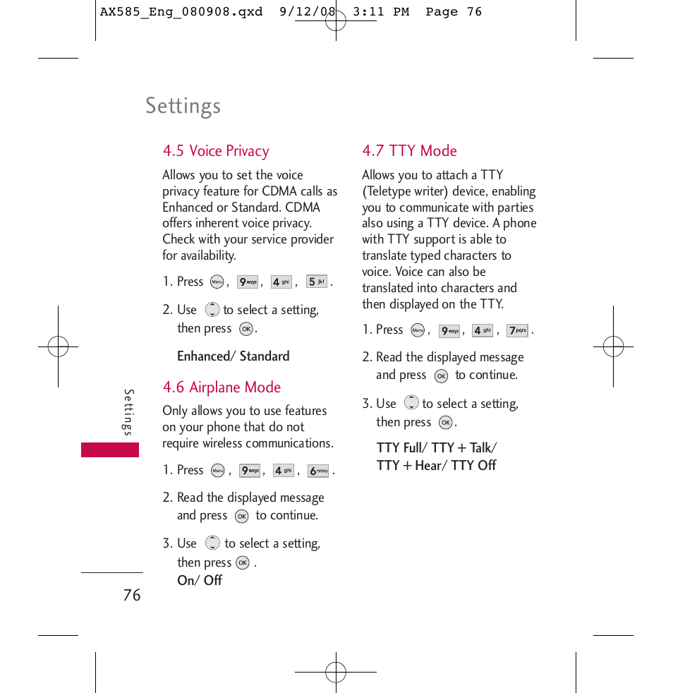 Settings | LG LGAX585 User Manual | Page 76 / 119