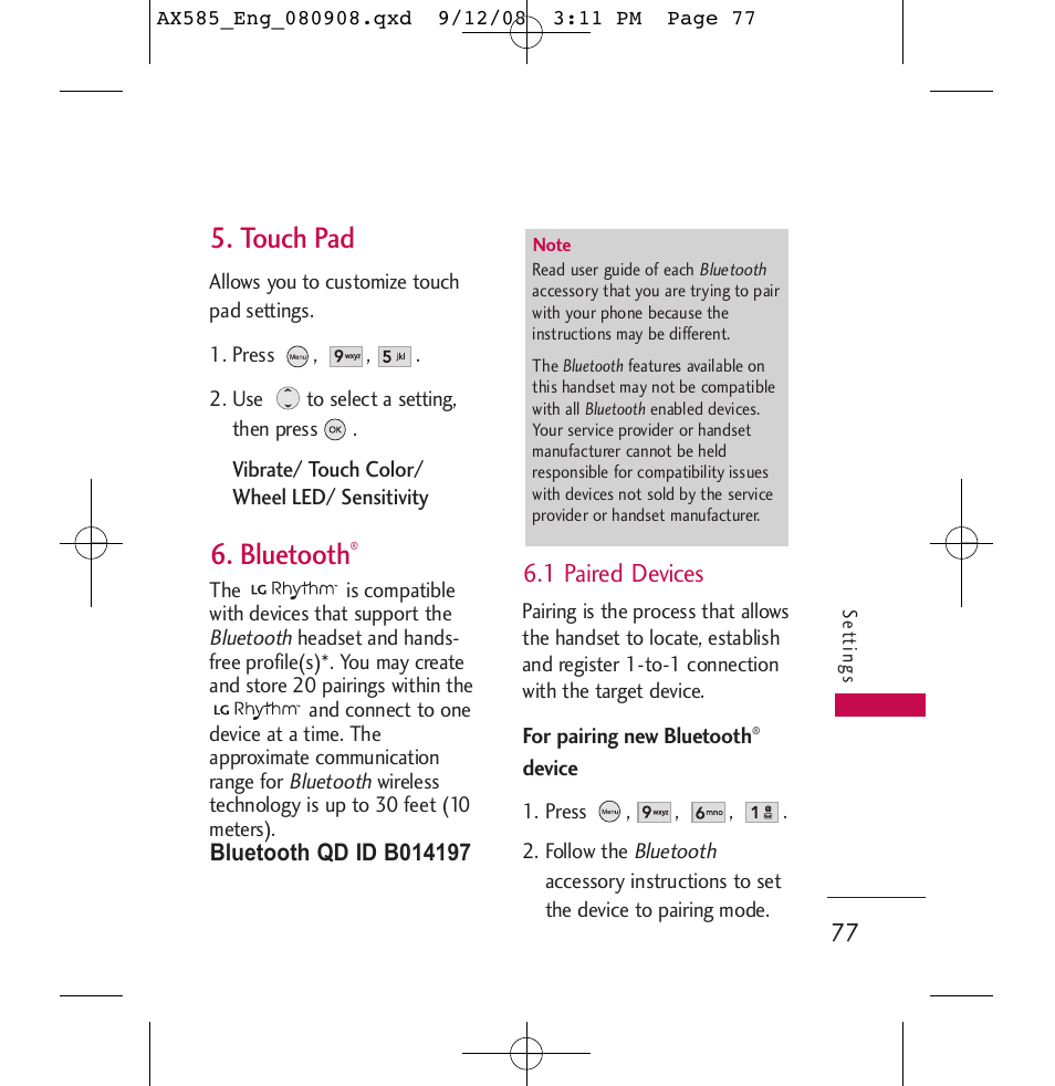 Touch pad, Bluetooth, 1 paired devices | LG LGAX585 User Manual | Page 77 / 119