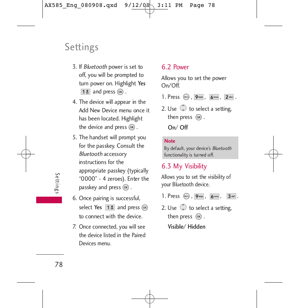 Settings, 2 power, 3 my visibility | LG LGAX585 User Manual | Page 78 / 119